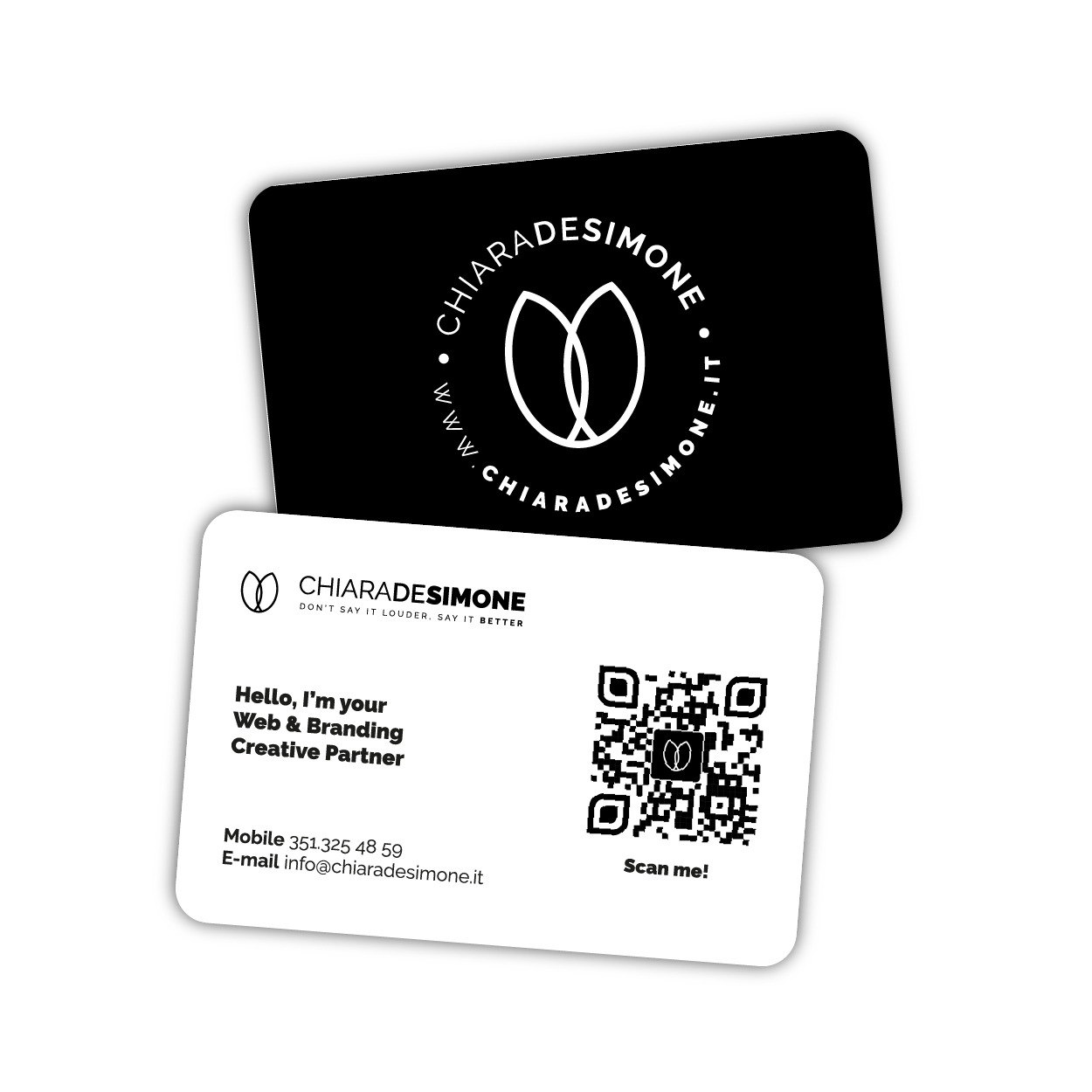 Biglietti da Visita Chiara de Simone, fronte e retro, sul fronte il logo, sul retro le generalità  e un QR code per salvare i contatti sullo smartphone